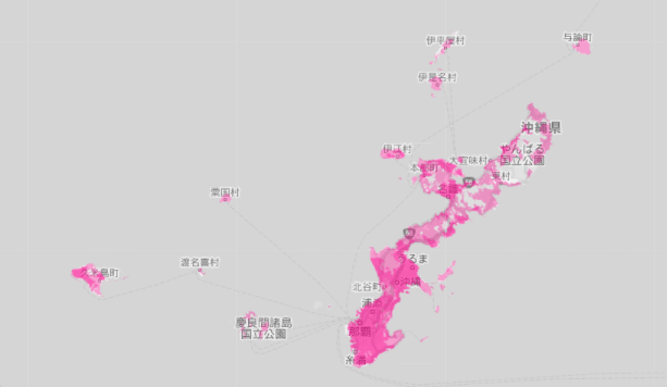 2022年1月現在の楽天モバイルのエリアマップ（沖縄本島付近）